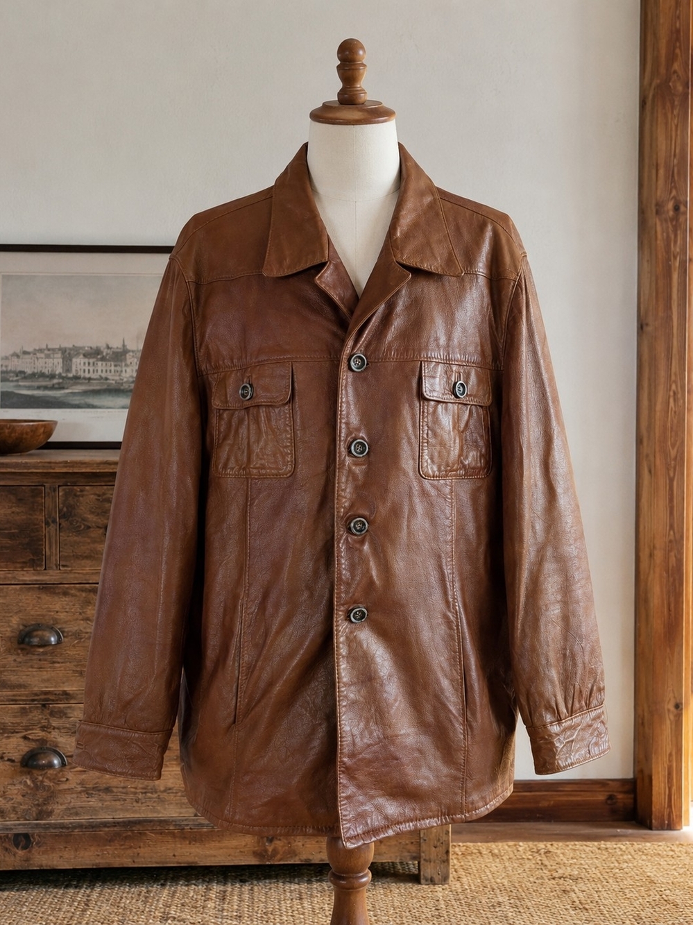 Men's Brown Leather Button-Front Jacket
